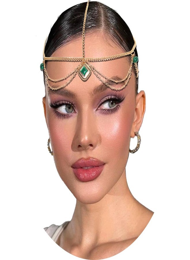 VENOFEN Head Chain Gold Headpiece Imitation Emerald Beads Forehead Jewelry for Women Boho Style Multi-Layered Chain Head Jewelry Festival Hair Decoration Accessories - Image 1